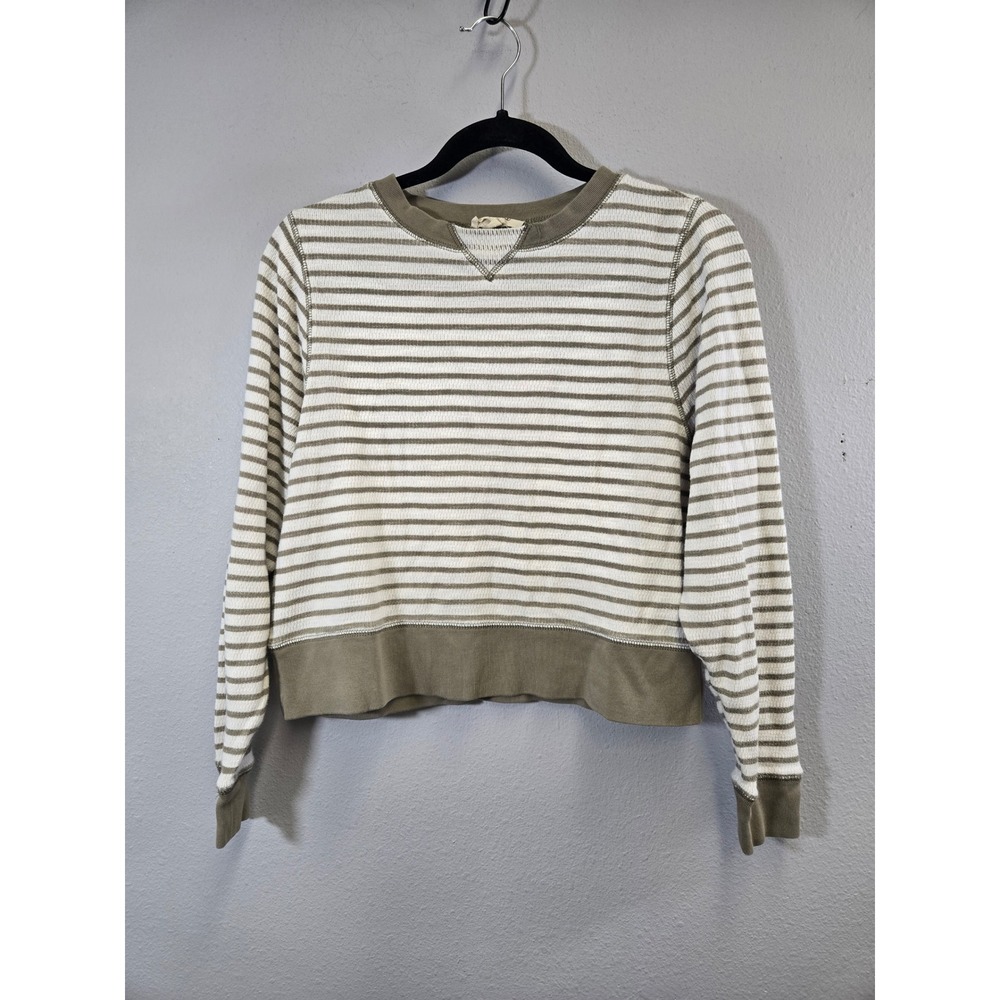 Madewell Striped Waffle Knit Long Sleeve Cropped Pullover Sweatshirt Green S